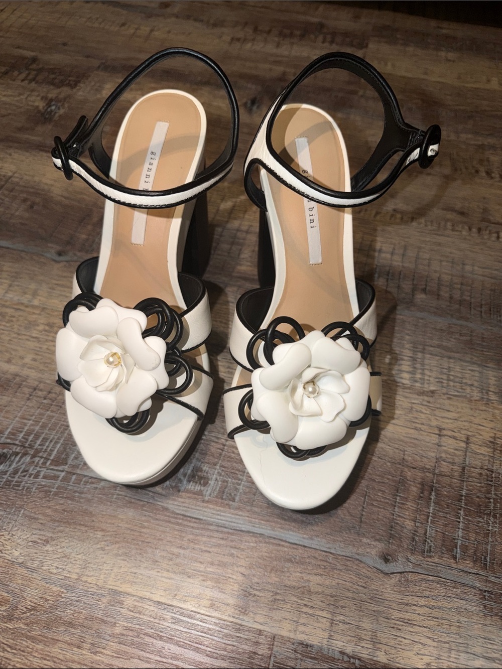 Giani Bini- Women's White Floral Ankle-Strap Heels